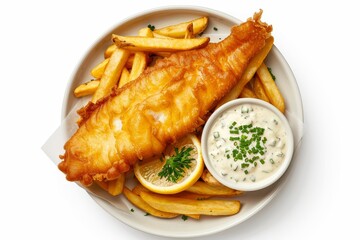 Sticker - British fish and chips with cod fries lemon and tartar sauce in dish on white background