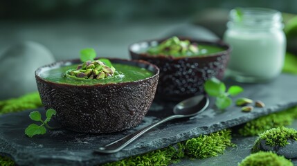 Poster -   A few bowls of food atop a slate tray, alongside a cup of milk and a spoon