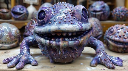 Wall Mural -   A purple frog figurine atop a wooden table, surrounded by ceramic pots and vases