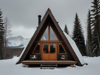 Wall Mural - An A-frame cabin in a snowy landscape, with a steep roofline and large front windows, generative AI