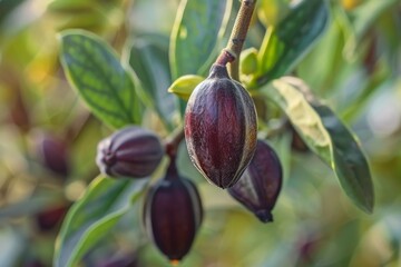 Close up image of ripe jojoba seed on stem in its natural environment