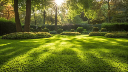 Wall Mural - a green park bathed in morning sunshine. summer splendor in the heart of the forest