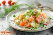 Closeup of a delicious Olivier salad on a light table