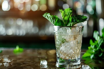 Wall Mural - Closeup of a mint julep glass with fresh mint on a table