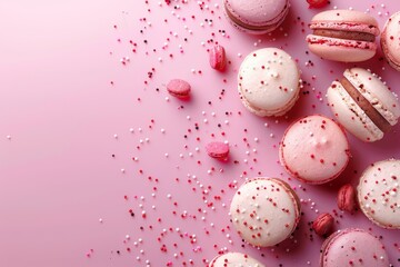 Poster - Colorful macarons with sprinkles on pink background