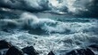 A stormy sea with tumultuous waves crashing against the rocks under a brooding sky, depicting turmoil and the overwhelming power of nature as a metaphor for emotional upheaval.