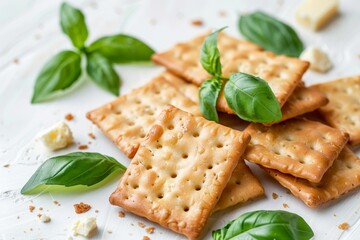 Sticker - Crunchy crackers with cottage cheese and basil on a white surface