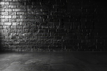 Wall Mural - Dark room with black brick wall and concrete floor as a backdrop