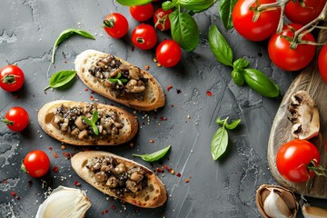 Wall Mural - Delicious bruschettas with truffle sauce on a grey table flat lay