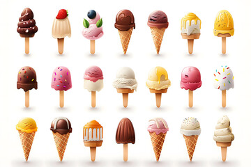 set ice cream isolated on white, set of different forms and flavours. 