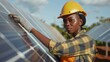 Portrait of a African American female engineer in a hard hat working with solar panels.