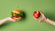 © Sadia - a vibrant green background and one holding a hefty burger dripping with savory sauces and melted cheese,