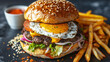 Delectable gourmet burger with sunny side up egg and fries