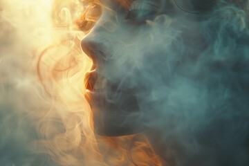 Wall Mural - Female's face is obscured by smoke, creating a surreal and dreamlike atmosphere