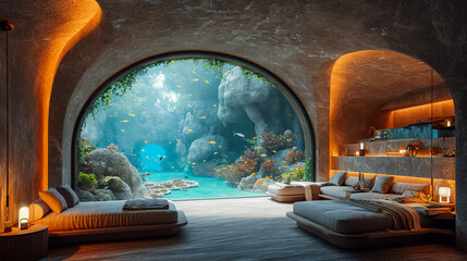 Wall Mural - Exotic Fish in the Living Area. Living Room Aquarium