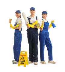 Poster - Workers of cleaning service with supplies on white background