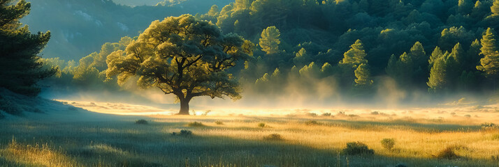 Wall Mural - foggy meadow. enchanting sunrise