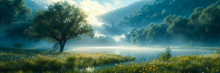 Wall Mural - foggy meadow. enchanting sunrise