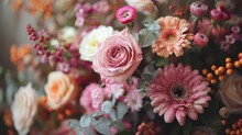  A Tight Shot Of A Flower Bouquet, Featuring Pink, White, And Orange Blooms At Its Heart