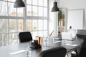 Poster - Interior of modern office with table prepared for business meeting