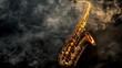 © Soul - Golden shiny alto saxophone on black background with smoke. copy space