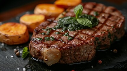 Wall Mural -   A tight shot of a seared steak on a plate, accompanied by a single potato and a sprig of mint for garnish