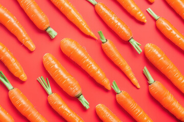 Wall Mural - Fresh orange carrots on vibrant red background, arranged in a top view flat lay composition, perfect for healthy food concepts