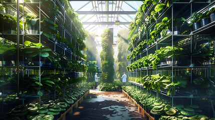 Greenhouse vertical farming, green house with healthy plants planted in aeroponic towers, men and women at work, sustainable green environment. Generative AI