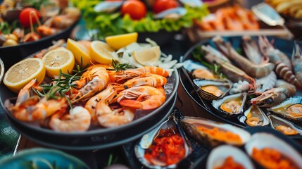 Wall Mural - View of a table laden with an assortment of seafood dishes, including grilled fish, shrimp cocktail, lobster tails