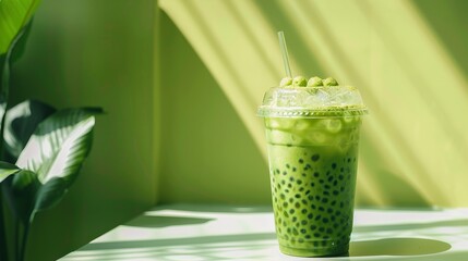 Green bubble tea in plastic cups on a light green background. Copy space. colorful drink. Boba tea green color