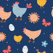 Seamless pattern with bird family. Hen, rooster, chick, egg against the background of the sun, butterflies, flowers. Abstract summer print with poultry. Vector graphics.