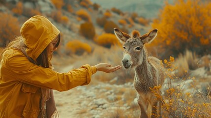 Wall Mural - a woman in a yellow jacket pets a donkey by the roadside, surrounded by yellow flowers