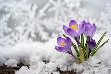 Wall Mural - A close up of purple flowers in snow with a frosted background. Generative AI.