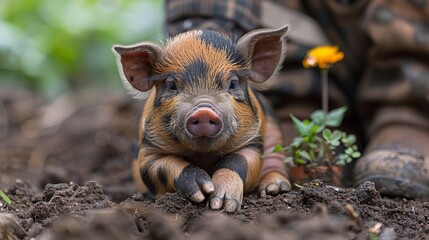   A tiny pig perched atop a mound of dirt, near a person's leg A vibrant yellow flower adjacent