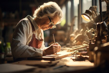 Elderly Craftswoman In Apron Using Carving Tools On Wood In Workshop
