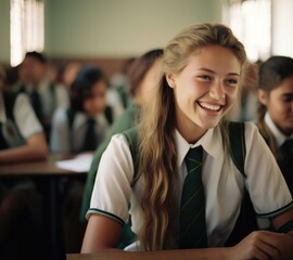 Canvas Print - A smiling girl in a school uniform. Generative AI.