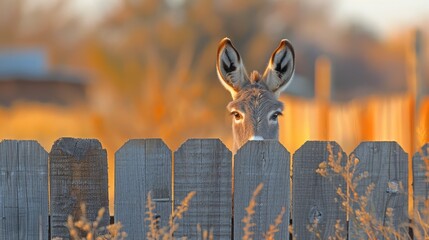 Wall Mural - a donkey gazes intently at something beyond a fence grass blankets the foreground, while a building 