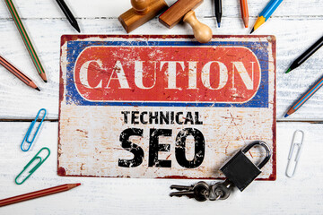 Wall Mural - technical seo. metal caotion plate with text on a white wooden background