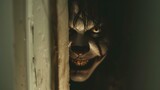 A scary clown peeking out from behind a door. Generative AI.