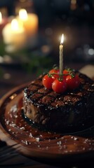 Wall Mural - A steak with a candle on top of it. Keto birthday cake. Generative AI.