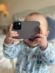 Poster - A baby holding up a phone to take a picture. Generative AI.