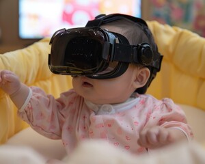 Wall Mural - A baby in a yellow crib wearing a virtual reality headset. Generative AI.