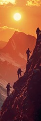 A group of people climbing a mountain at sunset. Generative AI.