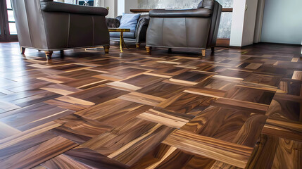 Walnut Parquet Flooring - Europe, United States - Parquet flooring made from walnut wood blocks arranged in geometric patterns, luxurious and timeless