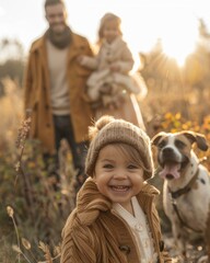 Sticker - A young child with a dog and a man in the background. Generative AI.