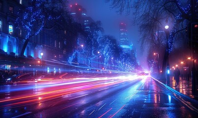 Wall Mural - Light trails on a city street, long exposure photography