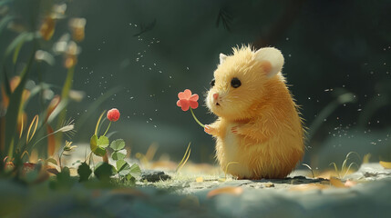 Poster -   A small yellow hamster, on its hind legs, holds a flower in its mouth, gazing at the camera