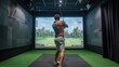 Golfer playing golf in indoor simulator Mixed media