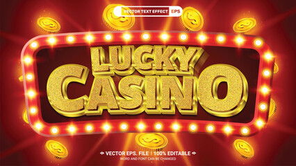 Canvas Print - Lucky casino 3d editable vector text style effect with realistic shining gold coins