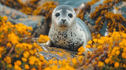 Poster -   A gray seal rests atop a rock, nearby is a cluster of orange and yellow flowers, before a tranquil body of water